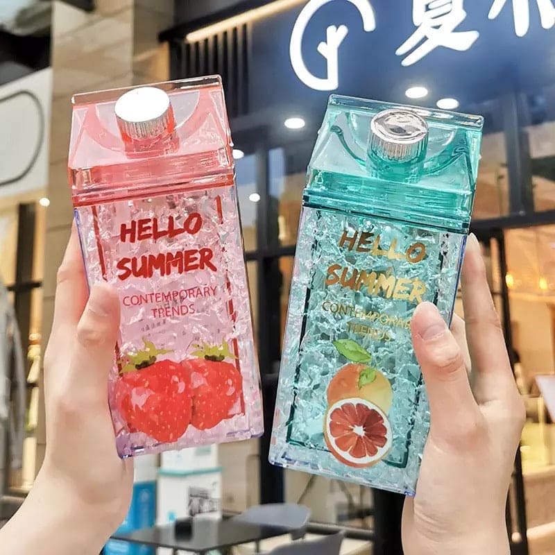 Hello Summer Water Bottle, Double Straw Cold Drink Cup, Creative Milk Box Style Water Bottle, Outdoor Thermos Cup, Summer Glass Drinking Water Bottle Hello Summer Water Bottle, Double Straw Cold Drink Cup, Creative Milk Box Style Water Bottle, Outdoor Thermos Cup, Summer Glass Drinking Water Bottle
